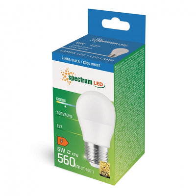 Spectrum LED kuglelampe G45 E27 230V 6W koldt hvidt lys 6000K 560 nyttige lumen IP20 ikke dæmpbar 17000t