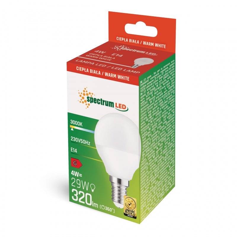 Spectrum LED kugle G45 E14 230V 4W 3000K varm hvid, 320 nyttige lumen, IP20, 160° strålevinkel, CRI 80, ikke dæmpbar