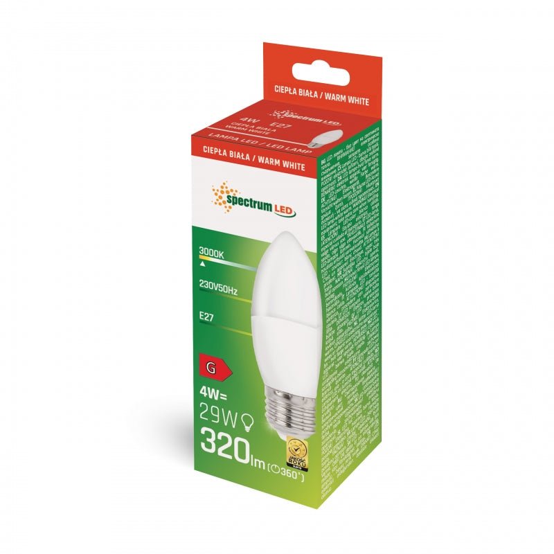 Spectrum LED candle bulb E27 warm white 4W 3000K, 320 lumens, IP20, 230V, non-dimmable, indoor use