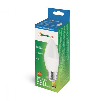 Spectrum LED stearinlys C37 E27 230V 6W 6000K koldt hvidt lys 560 lumen, 160° strålevinkel, ikke dæmpbar, 17000 timer levetid