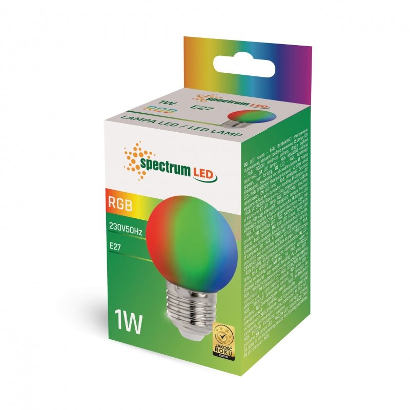 Spectrum LED Ball G45 E27 RGB Lamp, 230V, 1W, 260° Angle, Long Lifespan, 400 Lumens, Non-Dimmable, Indoor Use
