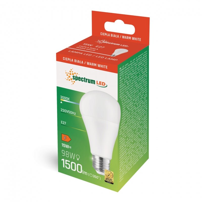 Spectrum LED lampe E27 15W 3000K varm hvid med 1500 lumen og 270° lysstråle til indendørs brug
