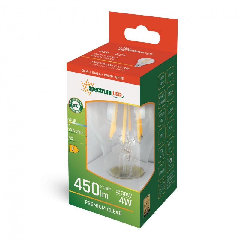 spectrum led gls A60 E27 230V 4W warm white 2700K filament look, 450 lumen, IP20, 300 degree beam angle
