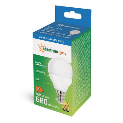 Spectrum LED lamp G45 E-14 230V 8W 750 lumen cool white light 6000K IP20 non-dimmable 17000 hours lifespan