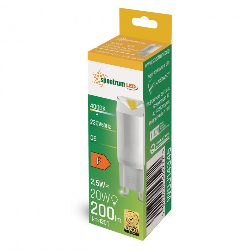 Spectrum LED G9 lampe 230V 2,5W 4000K neutral hvid, 200 lumen, 100° strålevinkel, keramisk, ikke dæmpbar, CRI 80