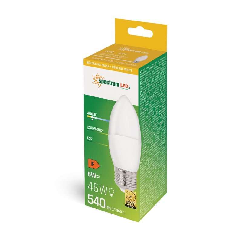 Spectrum LED stearinlyspære C37 E27 230V 6W NW 4000K, 540 lumen til indendørs brug, 160° spredningsvinkel, ikke dæmpbar