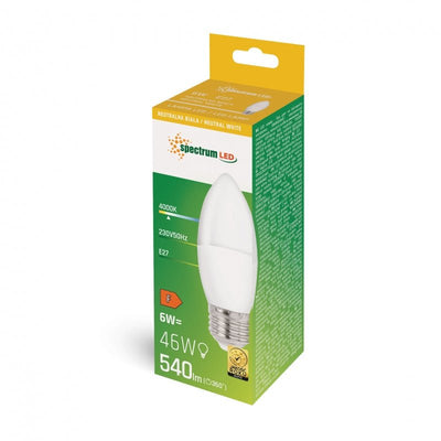 Spectrum LED stearinlyspære C37 E27 230V 6W NW 4000K, 540 lumen til indendørs brug, 160° spredningsvinkel, ikke dæmpbar