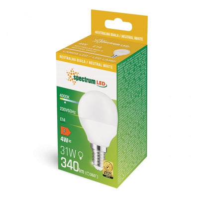 Spectrum LED G45-lampe med E14-fatning 230V 4W 4000K, 340 lumen, 160° spredning, ikke dæmpbar, IP20