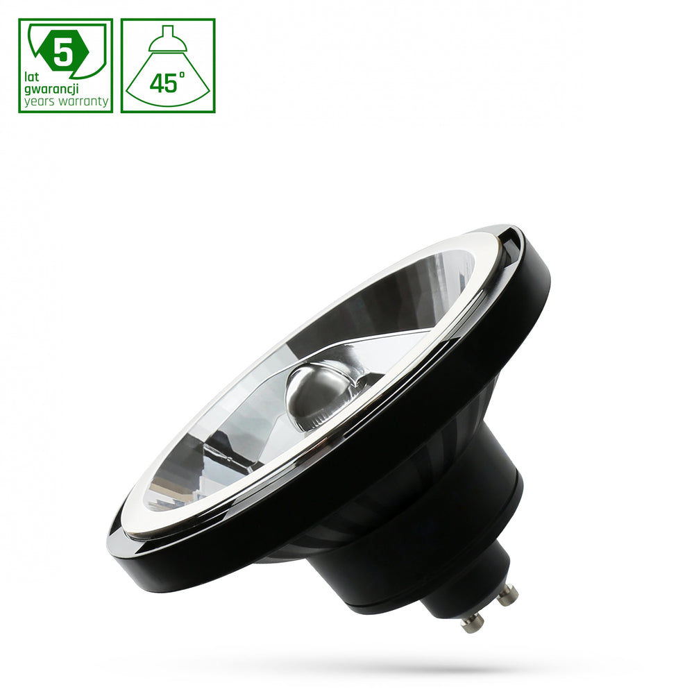Spectrum LED AR111 GU10 12W 3000K sort med 1050 lumen, 45 graders vinkel, varm hvid, 50.000 timer, 2 års garanti